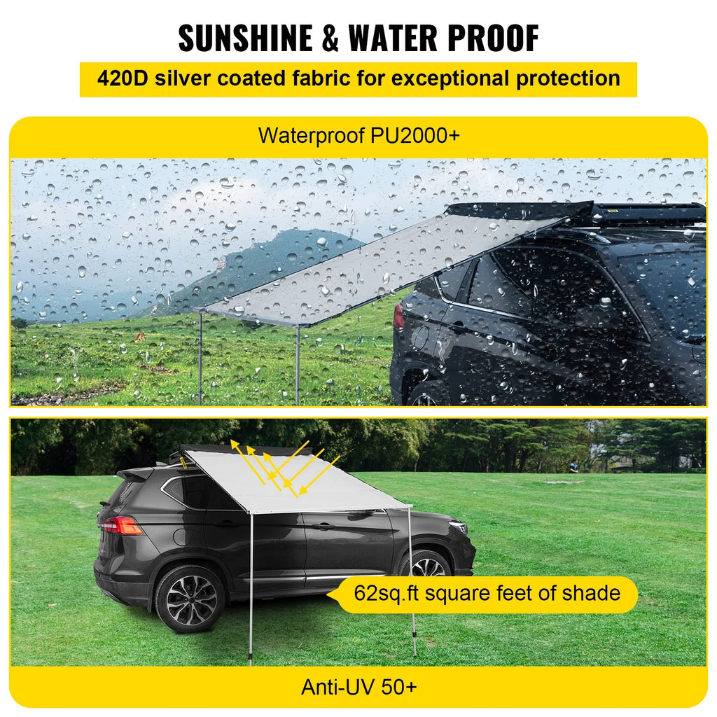 Retractable Waterproof SUV Rooftop Car Awning Grey 7.6'x8.2' T896