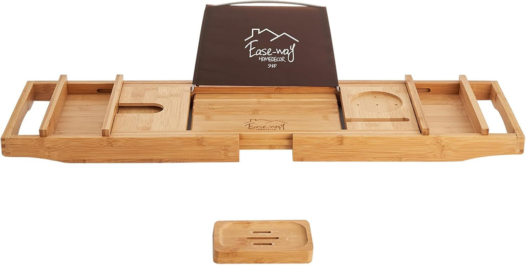 Bamboo Bathtub Caddy Tray with Book Holder and Soap Dish C43783