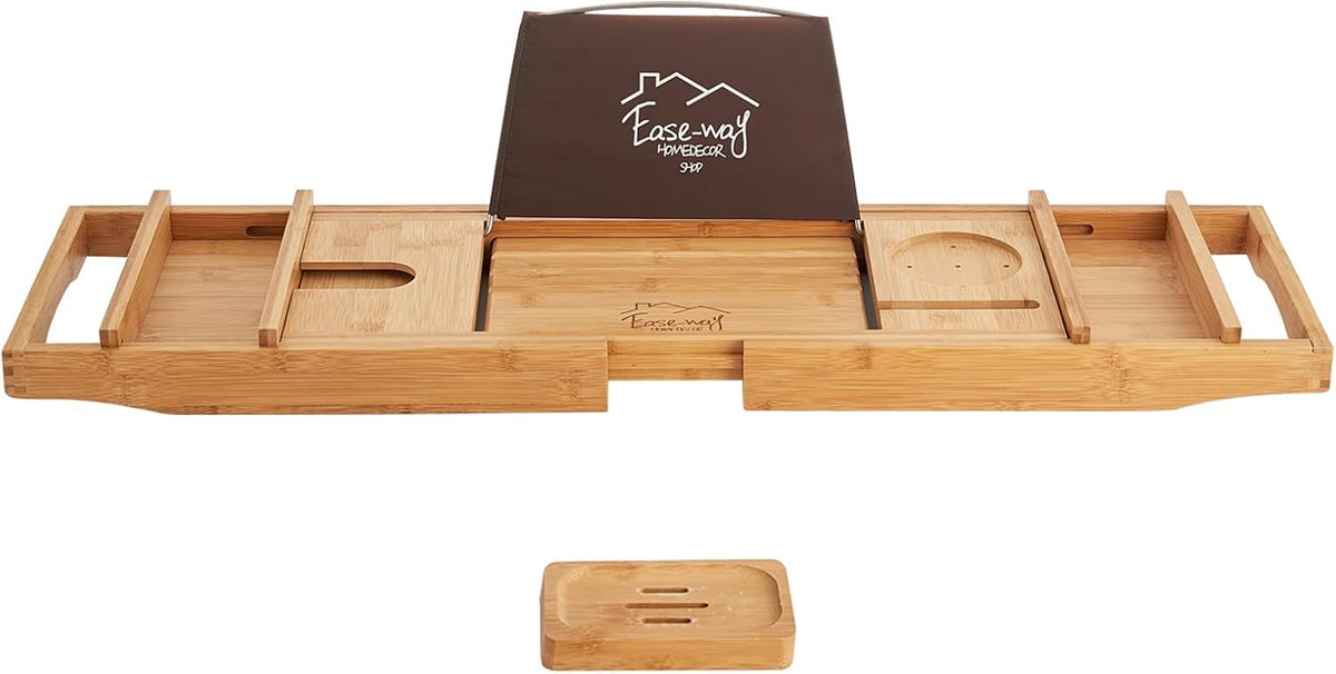 Bamboo Bathtub Caddy Tray with Book Holder and Soap Dish C43783