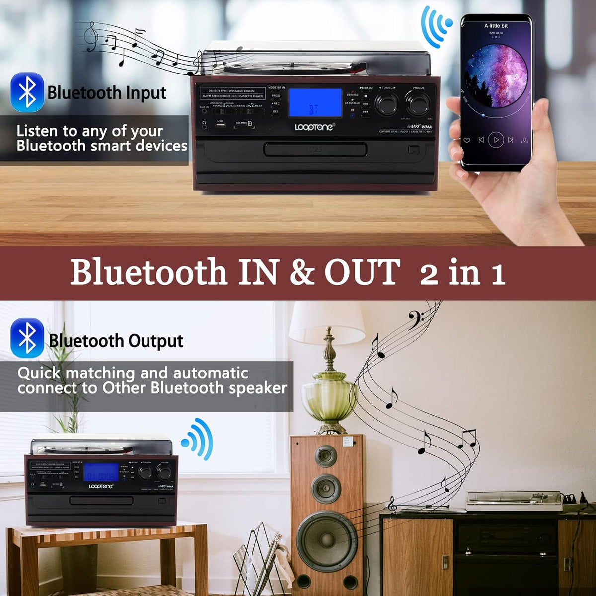 10 in 1 Bluetooth Record Player Turntable with CD Player Cassette AM/FM Radio L48240