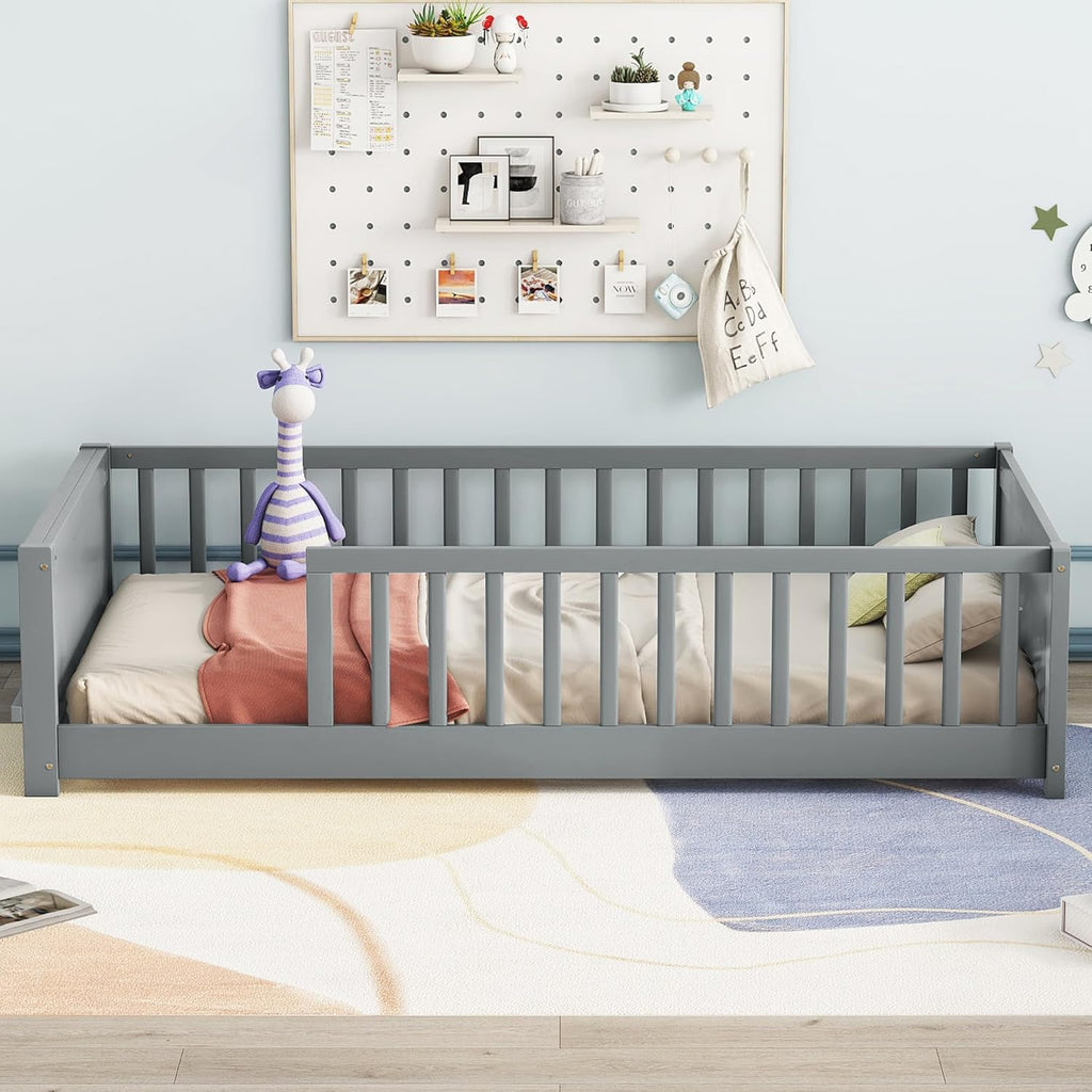 Twin Size Solid Pine Wood Floor Bed Frame with Safety Guardrails and Slats (Grey) Y493786