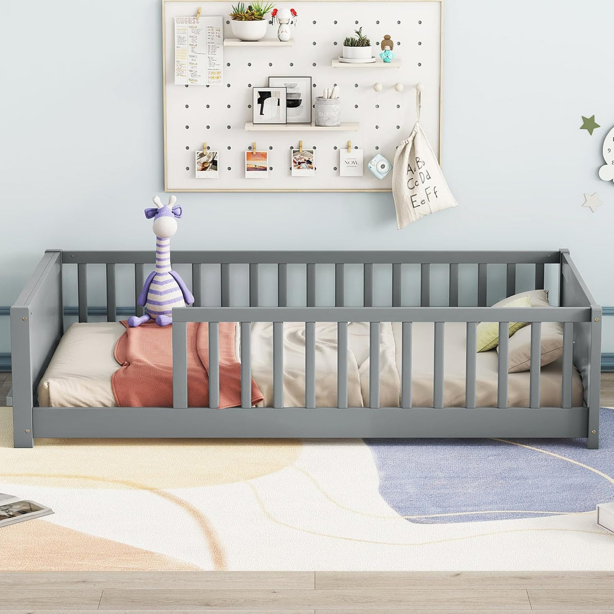 Twin Size Solid Pine Wood Floor Bed Frame with Safety Guardrails and Slats (Grey) Y493786