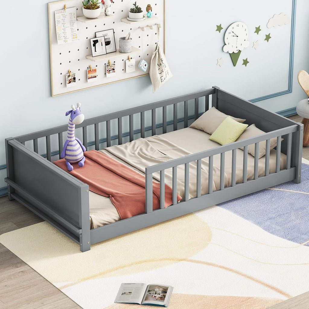 Twin Size Solid Pine Wood Floor Bed Frame with Safety Guardrails and Slats (Grey) Y493786
