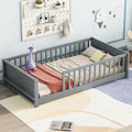 Twin Size Solid Pine Wood Floor Bed Frame with Safety Guardrails and Slats (Grey) Y493786