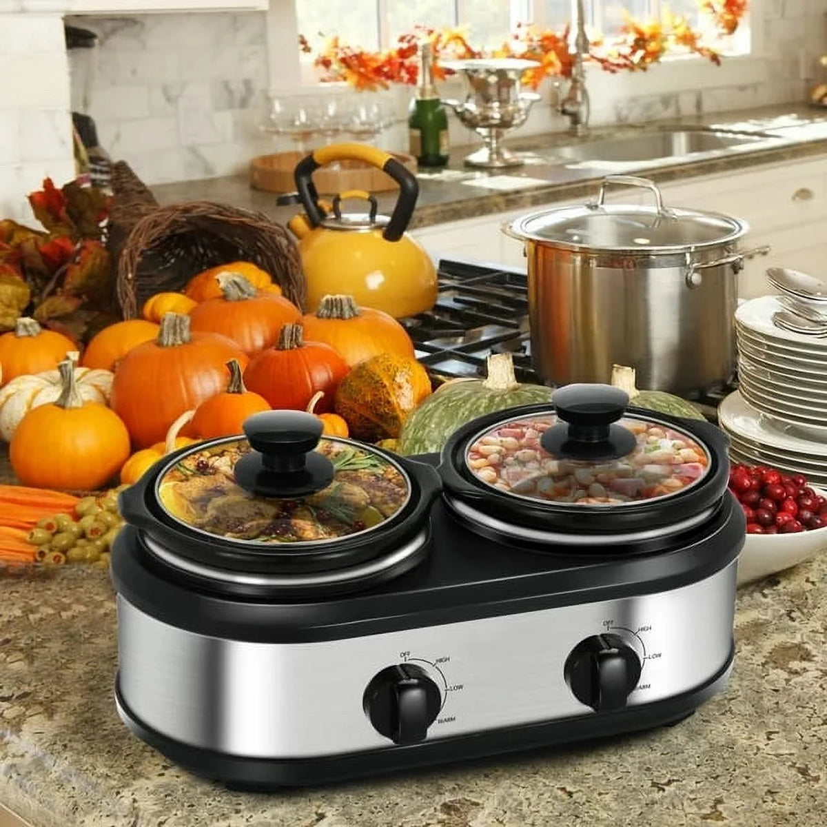 2.5QT Dual Pot Slow Cooker With Adjustable Temp Stainless Steel Removable Pots S526
