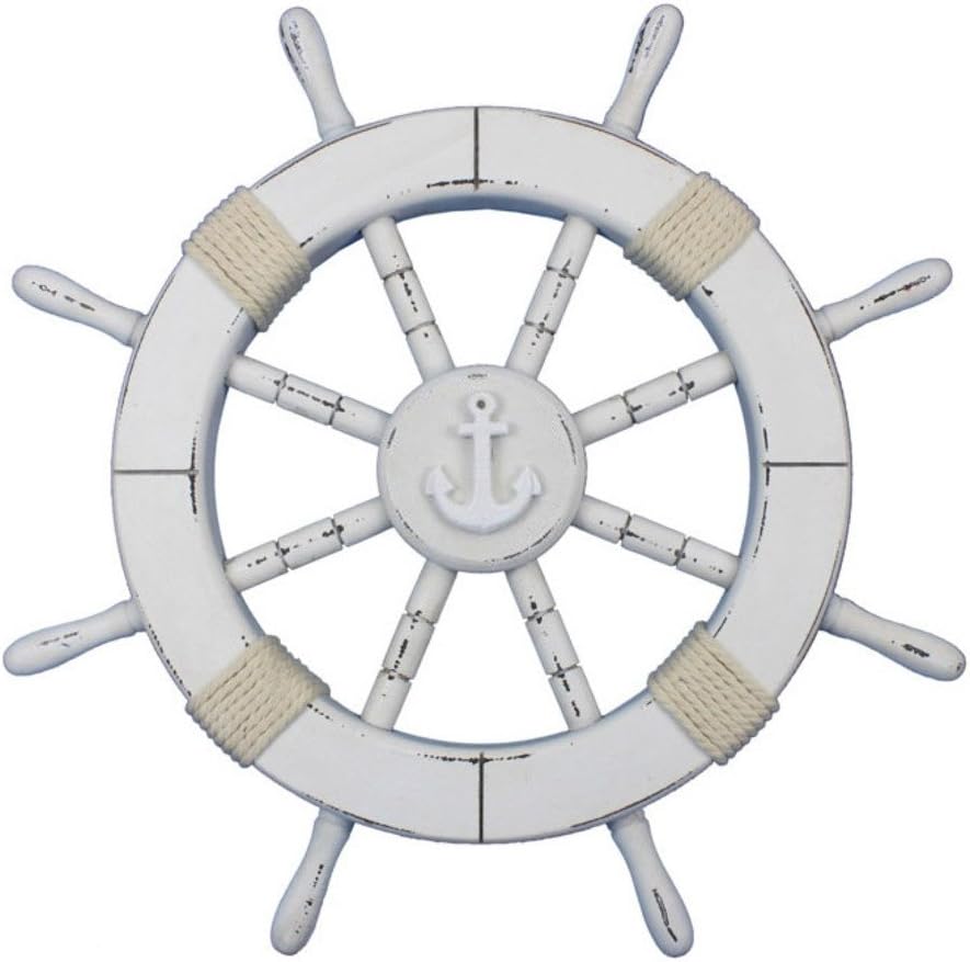 Rustic White Decorative Ship Wheel with Anchor 18 N3517