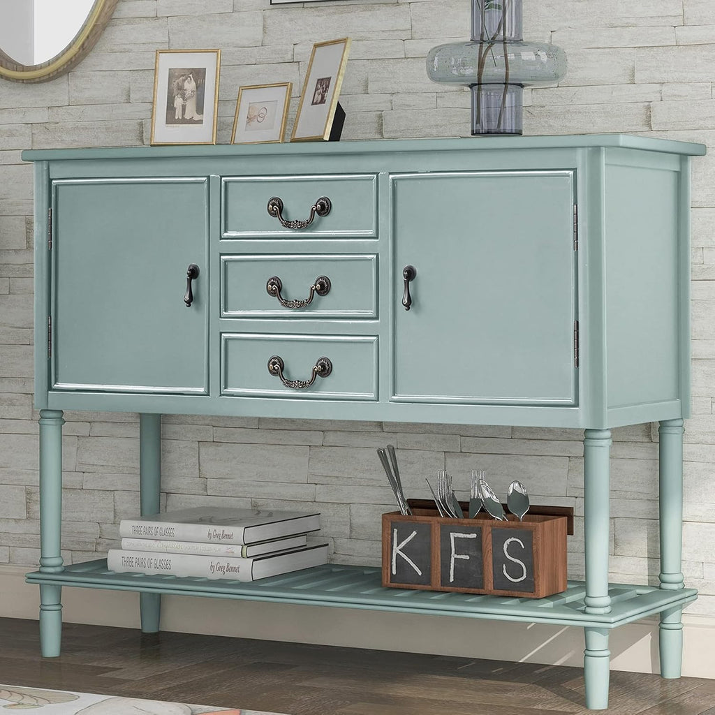 Light Green Wood Console Sofa Table with Drawers and Open Shelf J6191