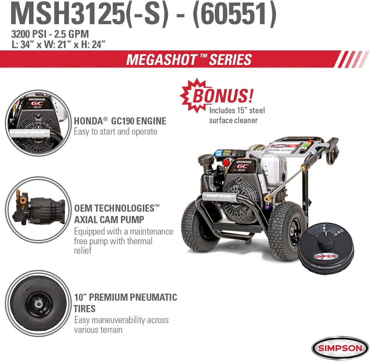 3200 PSI Gas Pressure Washer with Honda GC190, 2.5 GPM, 3/8" x 100' 4500 PSI Cold Water Hose Z90349