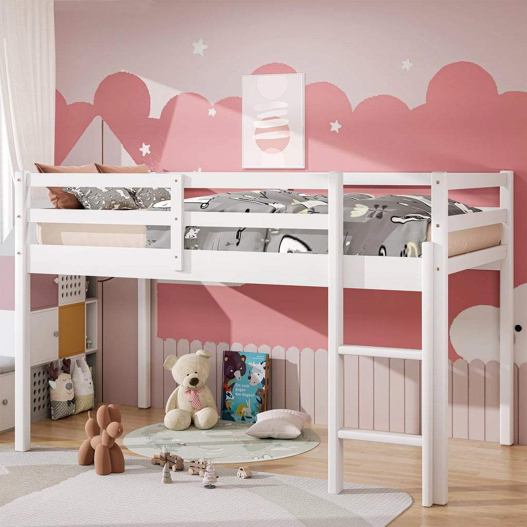 White Twin Size Solid Wood Loft Bed with 14 Wooden Slats S76684