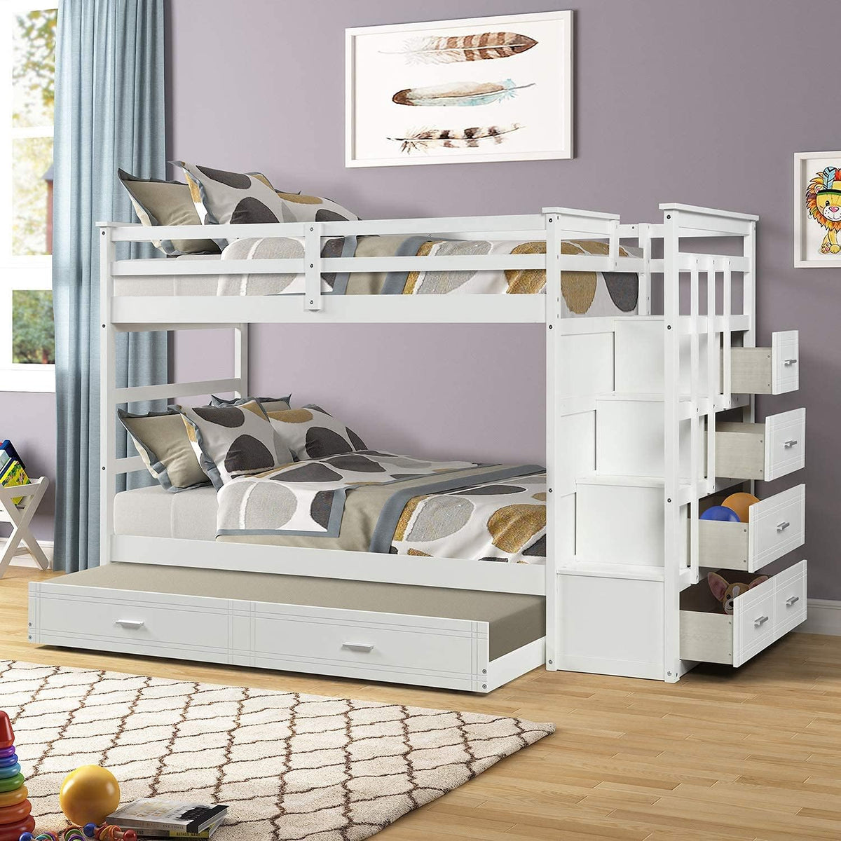Twin Over Twin Wood Bunk Bed with Trundle and Staircase Z6325