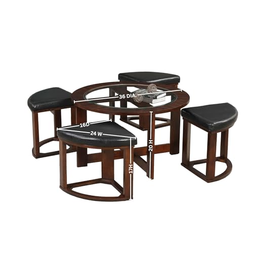 Solid Wood Glass Top Round Coffee Table with 4 Stools L8387