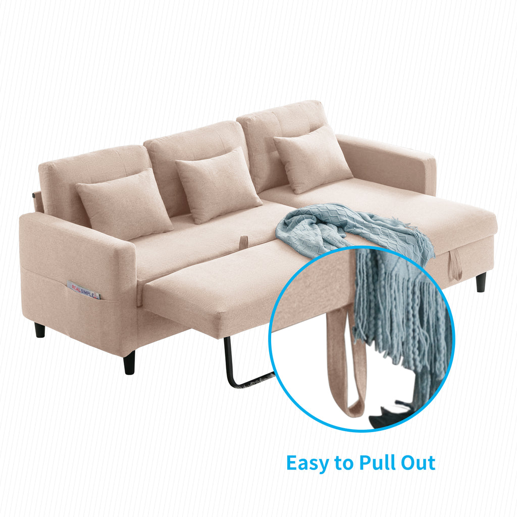 Beige Linen Reversible Sleeper Sectional Sofa with Storage Chaise G131834