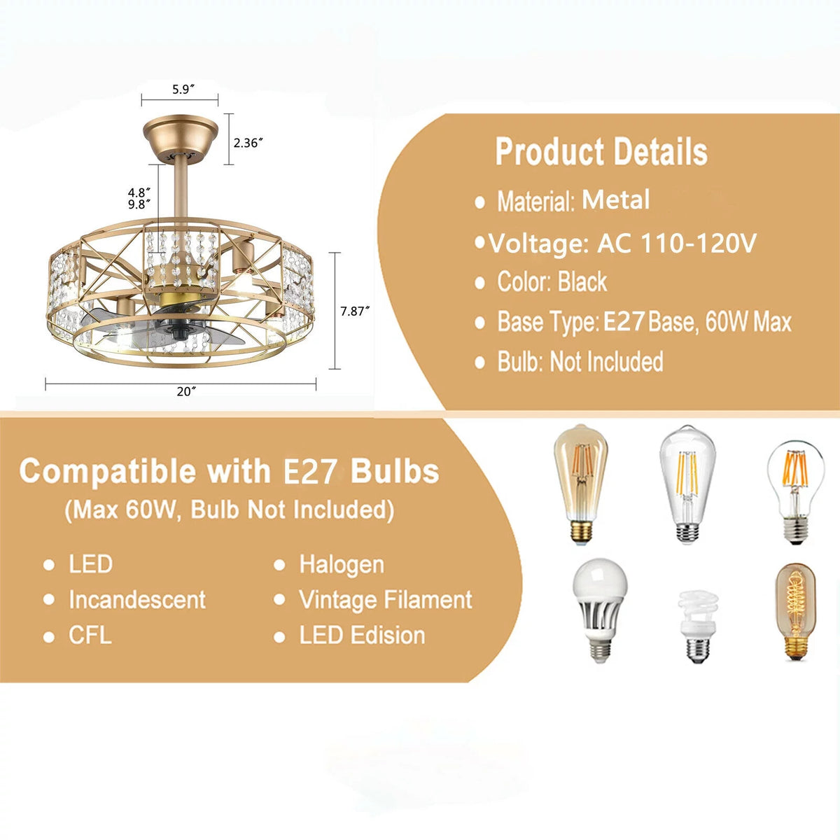 20" Crystal 4 Lights Ceiling Fan R65093
