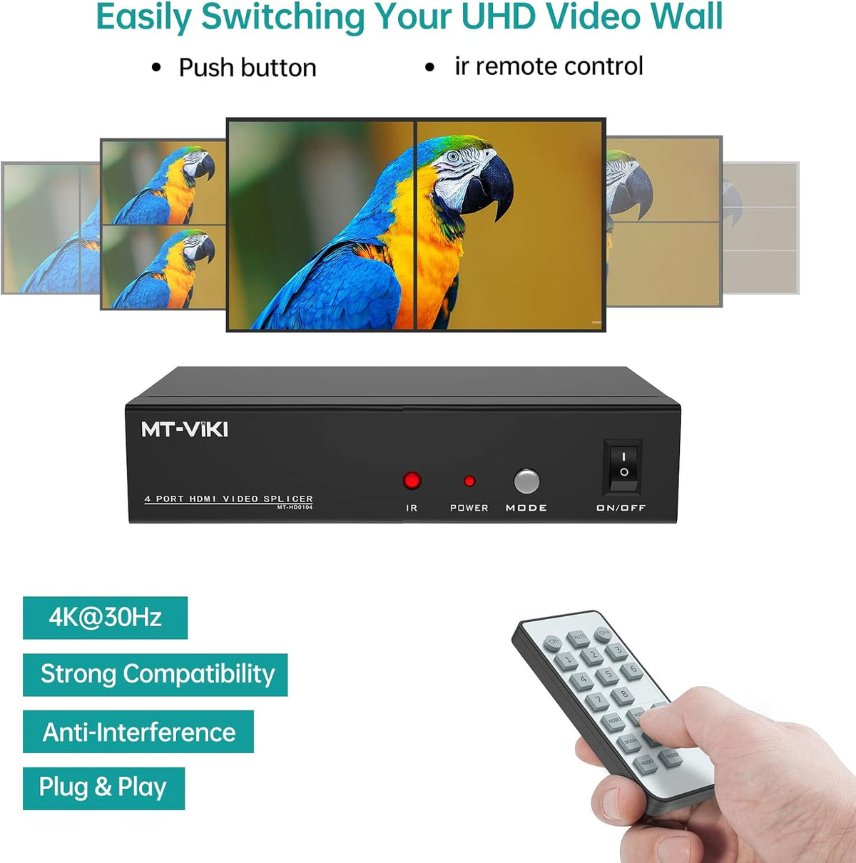 Video Wall Controller 2x2, HDMI TV Wall Processor 4K@30Hz, 4 HDMI Output, 8 Splicing Display Modes B9599