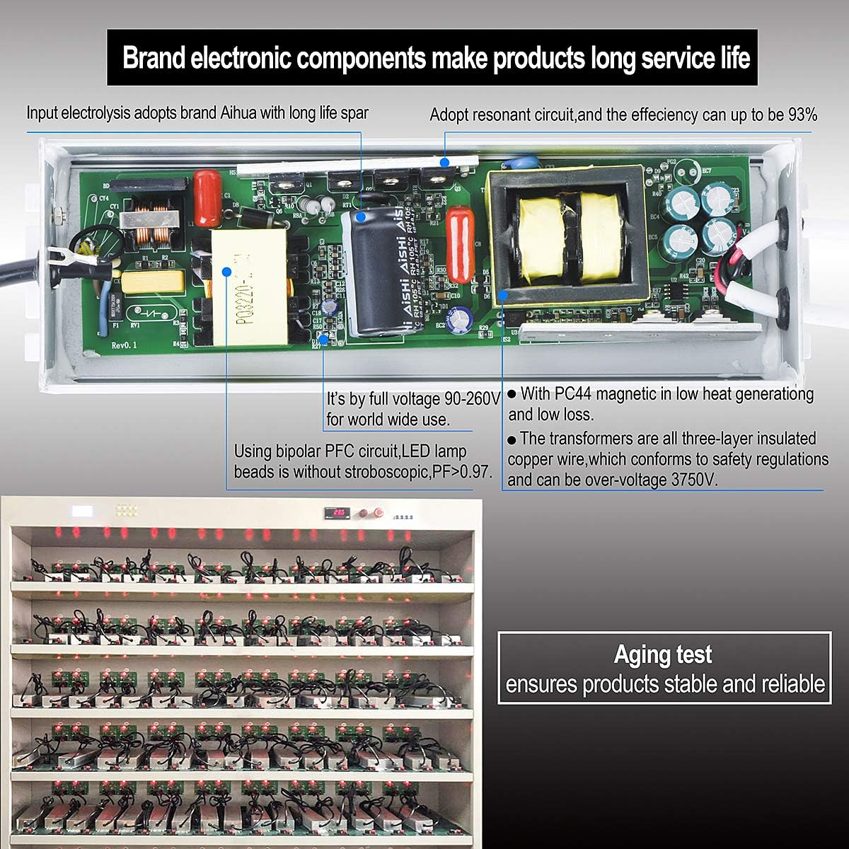 LED Driver 300Watts 12V DC Low Voltage Output Waterproof IP67 LED Power Supply with 3-Prong Plug 3.3 Feet Cable K7245
