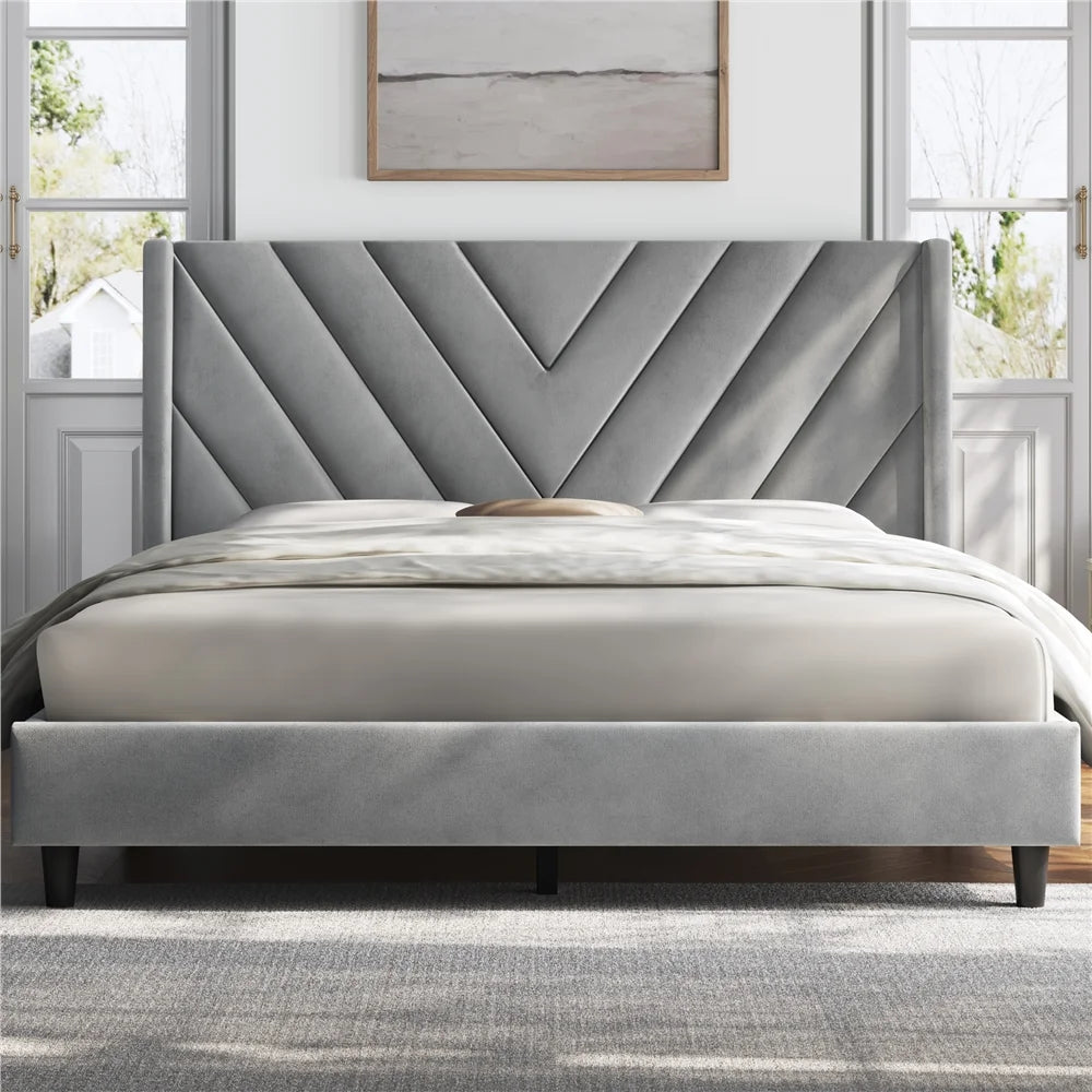 Queen Light Gray Upholstered Platform Bed Frame Y722235