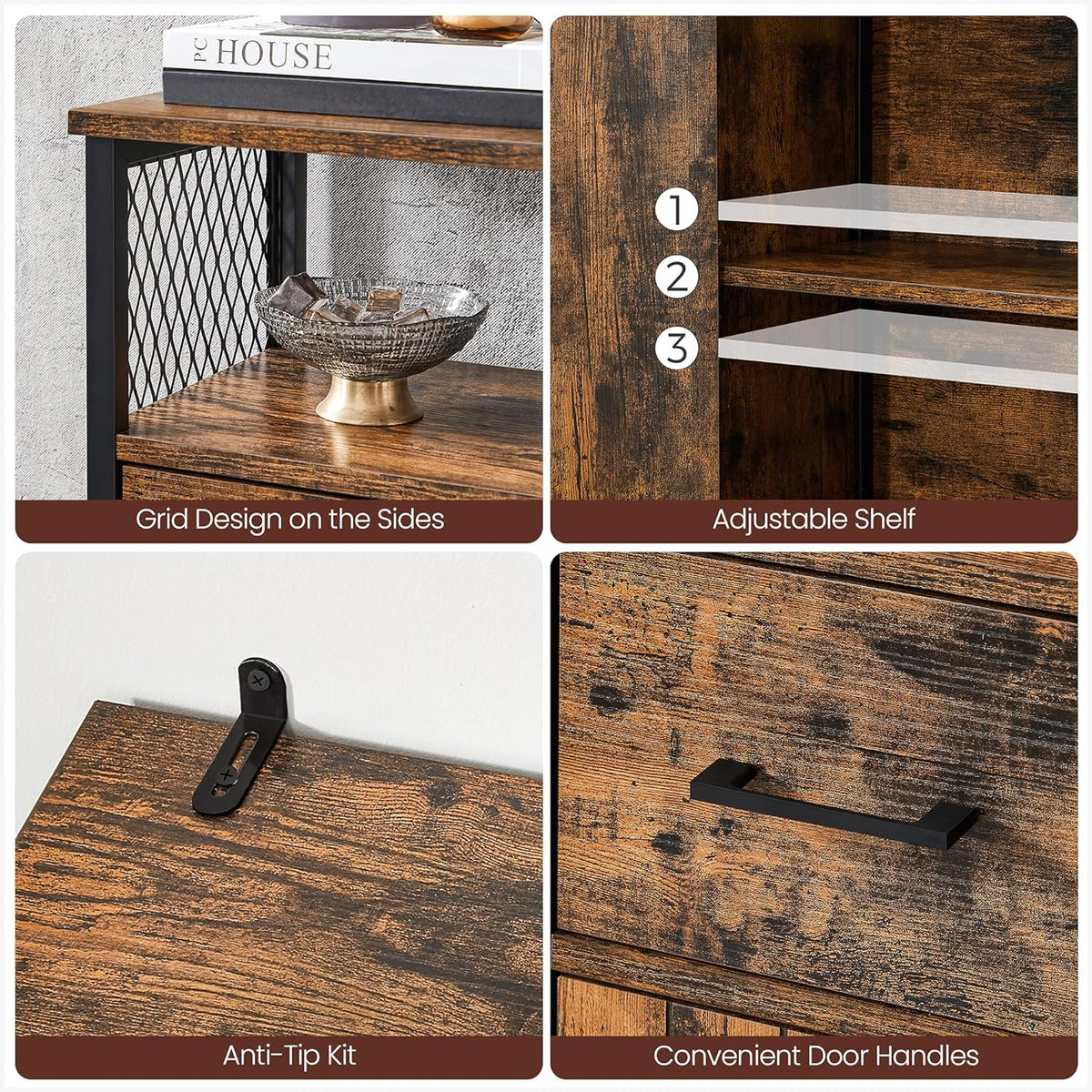 Rustic Brown and Black Freestanding Storage Cabinet with Doors and Shelves V850