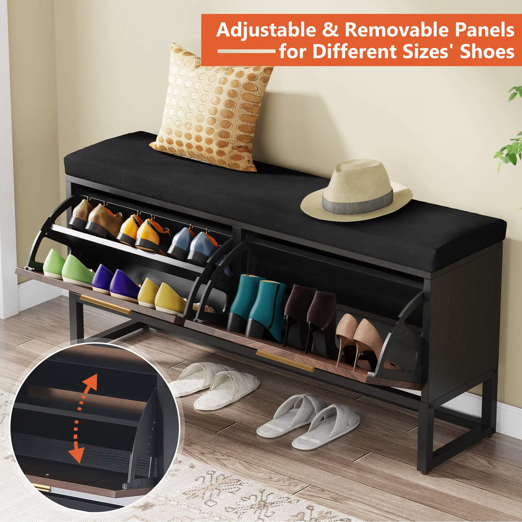 Shoe Storage Bench with Cushion & 2 Flip Drawers S526653
