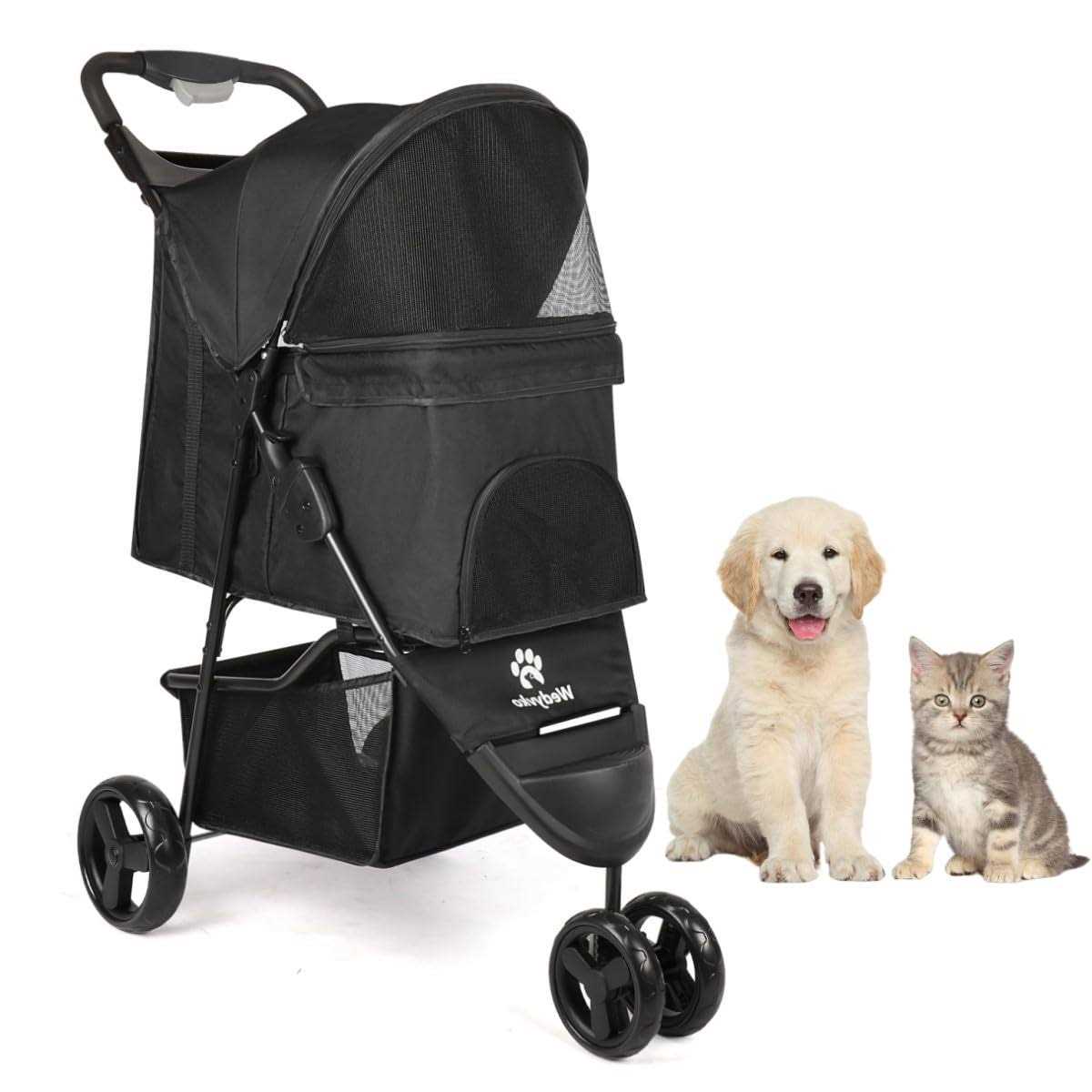 3 Wheels Foldable Pet Stroller with Brake, Canopy, Cup Holders and Storage W7048