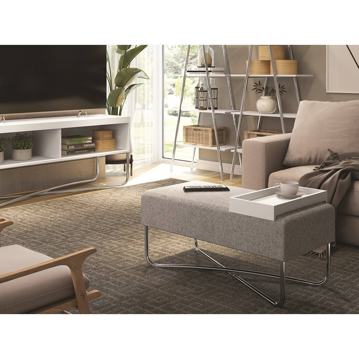 Dark Brown Fabric Bench with Black Base and Dark Oak Tray I706