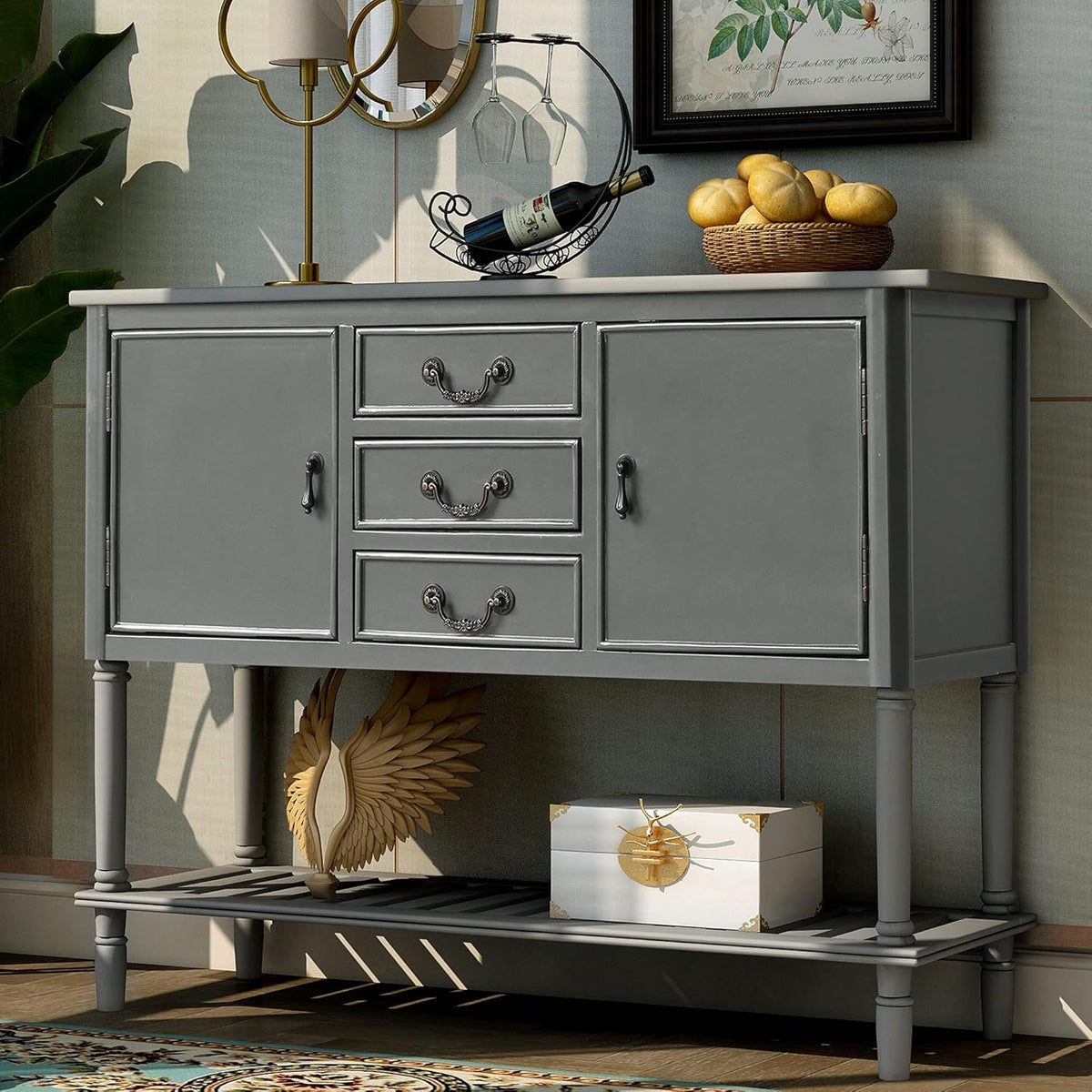 Light Green Wood Console Sofa Table with Drawers and Open Shelf J6191