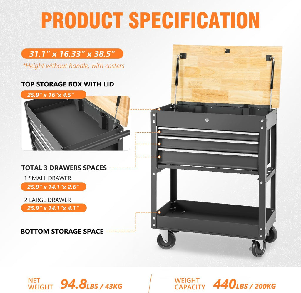 Black 3-Drawer Wood Top Rolling Tool Chest W110