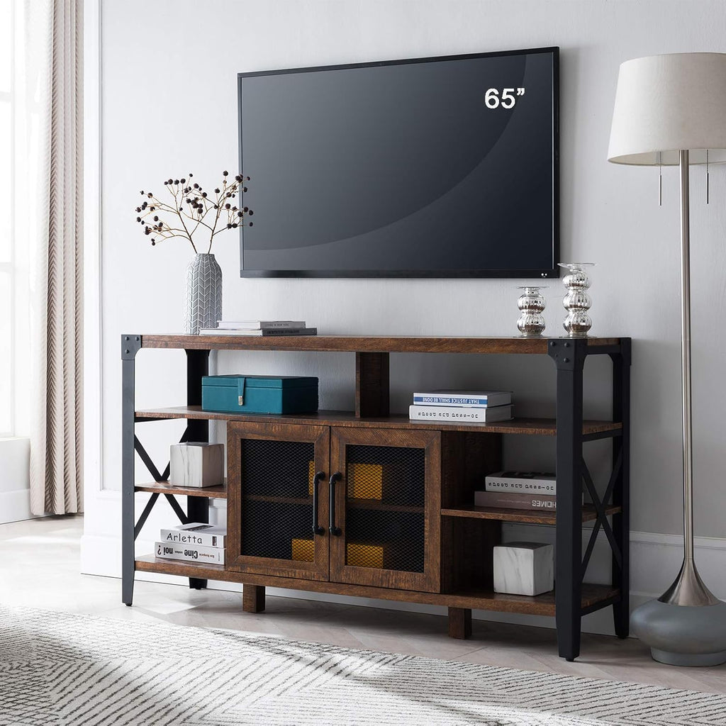 Large TV Stand with Metal Side X-Frame, Light Rustic Oak L3704