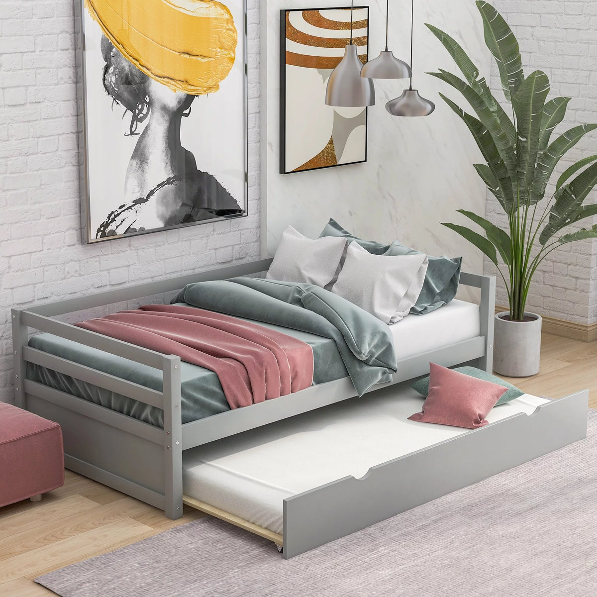 Twin Daybed with Trundle Frame Set Grey V55820