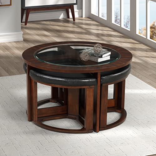 Solid Wood Glass Top Round Coffee Table with 4 Stools L8387