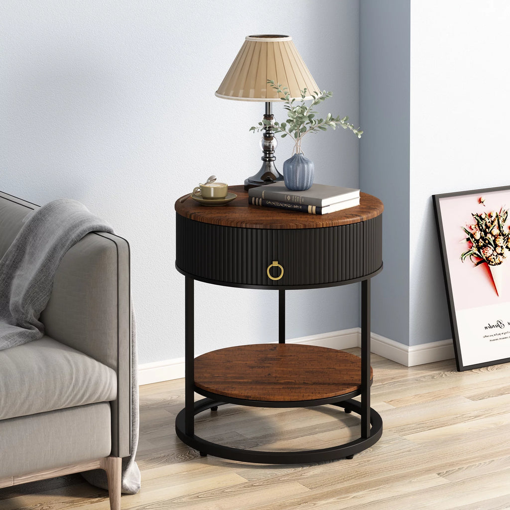 Black Metal 2-Tier Round End Table with Drawer L27170