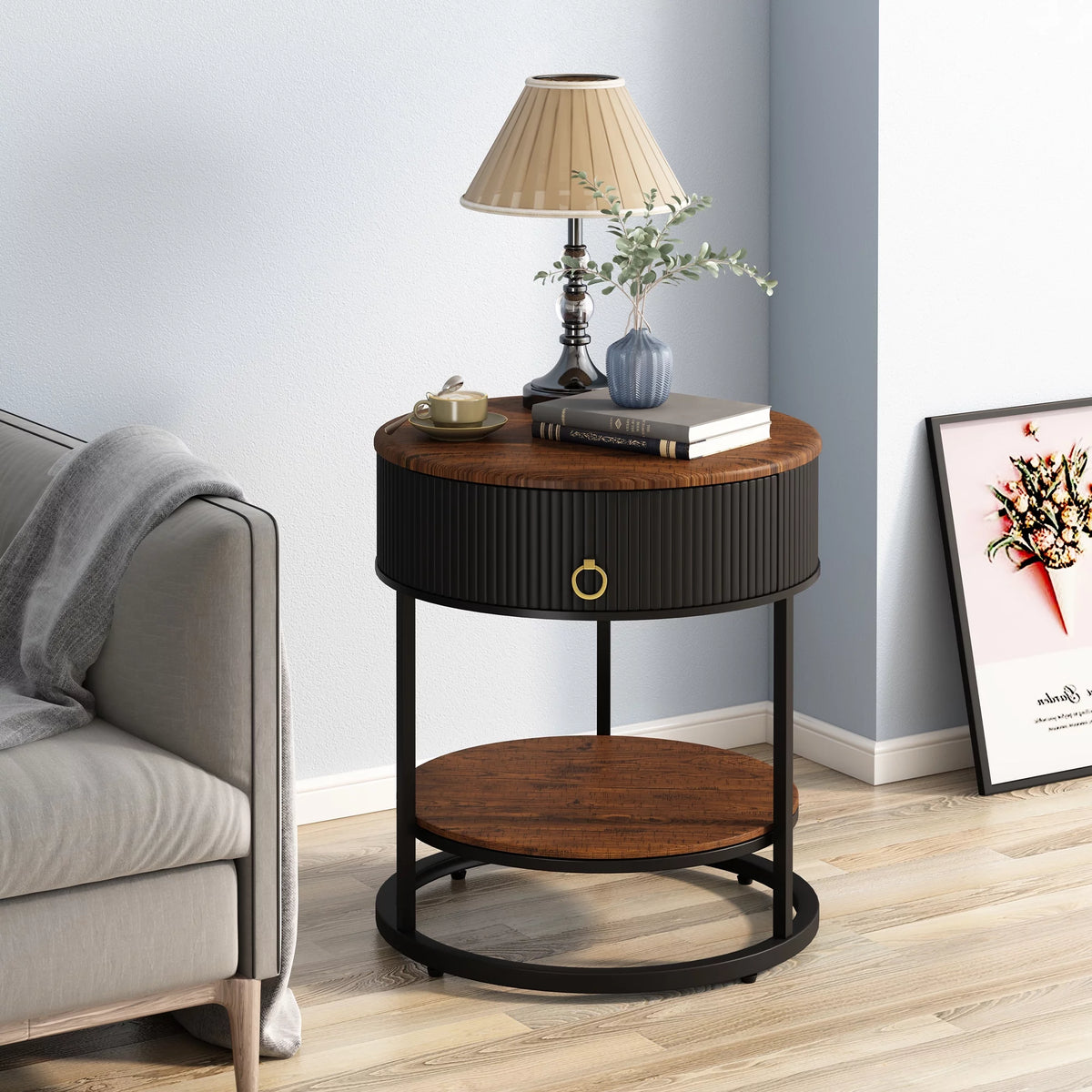 Black Metal 2-Tier Round End Table with Drawer L27170