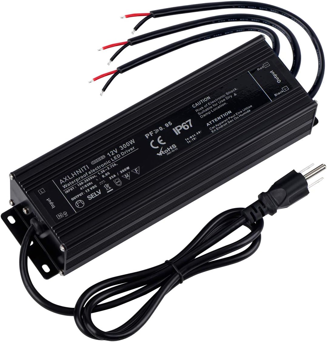 LED Driver 300Watts 12V DC Low Voltage Output Waterproof IP67 LED Power Supply with 3-Prong Plug 3.3 Feet Cable K7245
