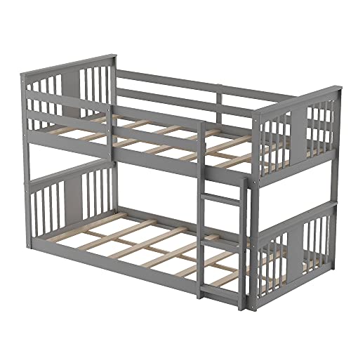 White Twin Over Twin Low Wooden Bunk Bed with Ladder D337297
