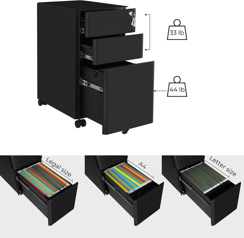Black Steel 3 Drawer Mobile Filing Cabinet with Lock S19115