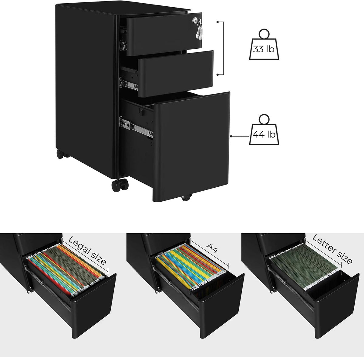 Black Steel 3 Drawer Mobile Filing Cabinet with Lock S19115