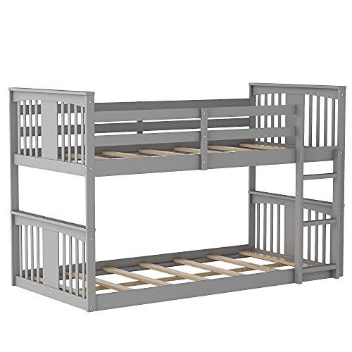White Twin Over Twin Low Wooden Bunk Bed with Ladder D337297