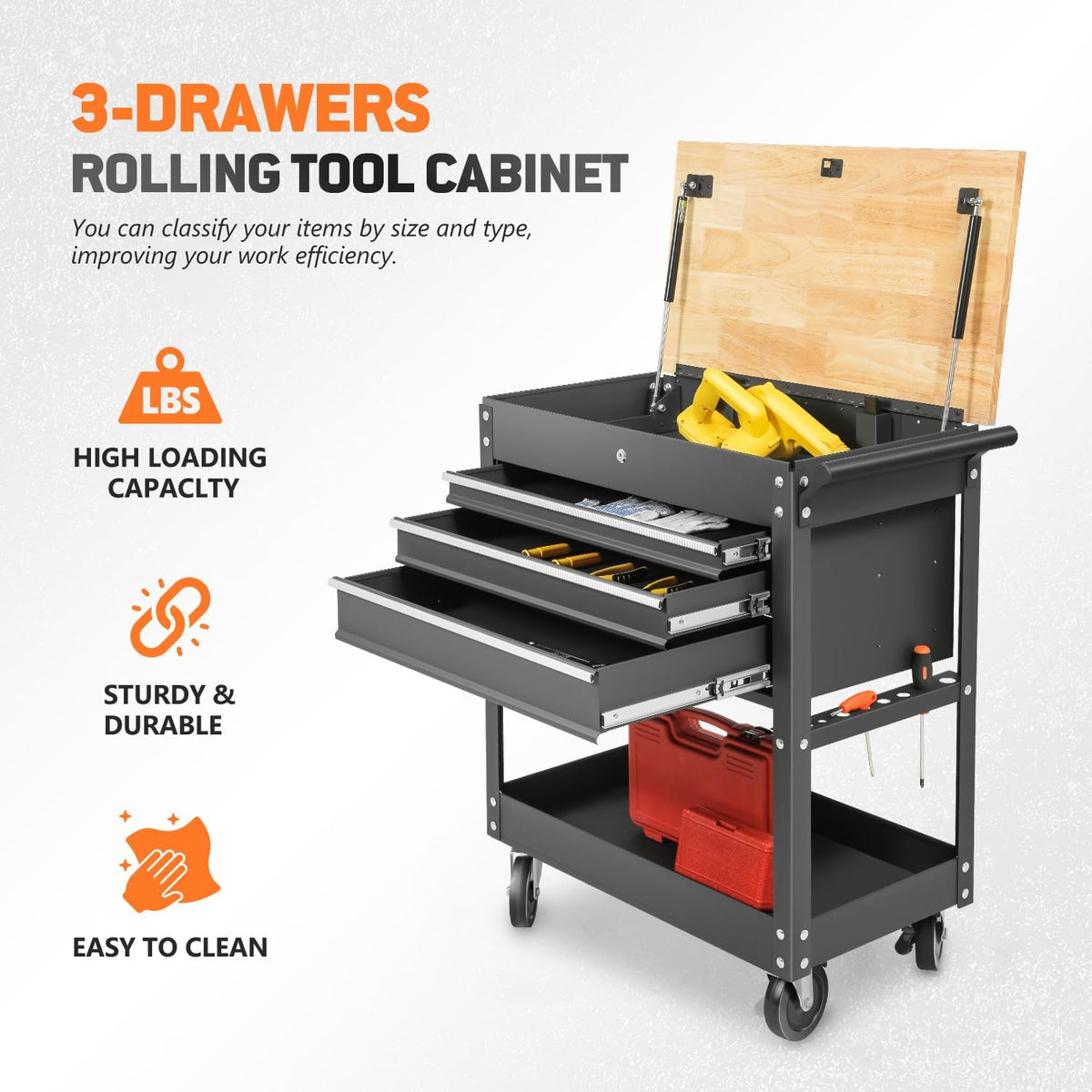 Black 3-Drawer Wood Top Rolling Tool Chest W110