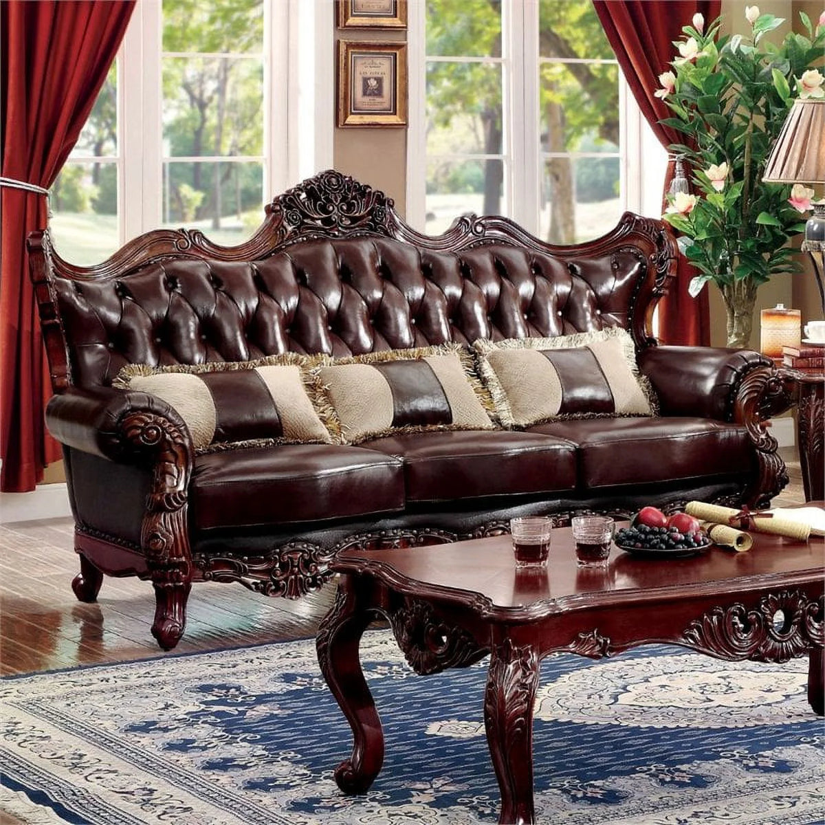 Dark Oak Top Grain Leather Tufted Sofa H564517