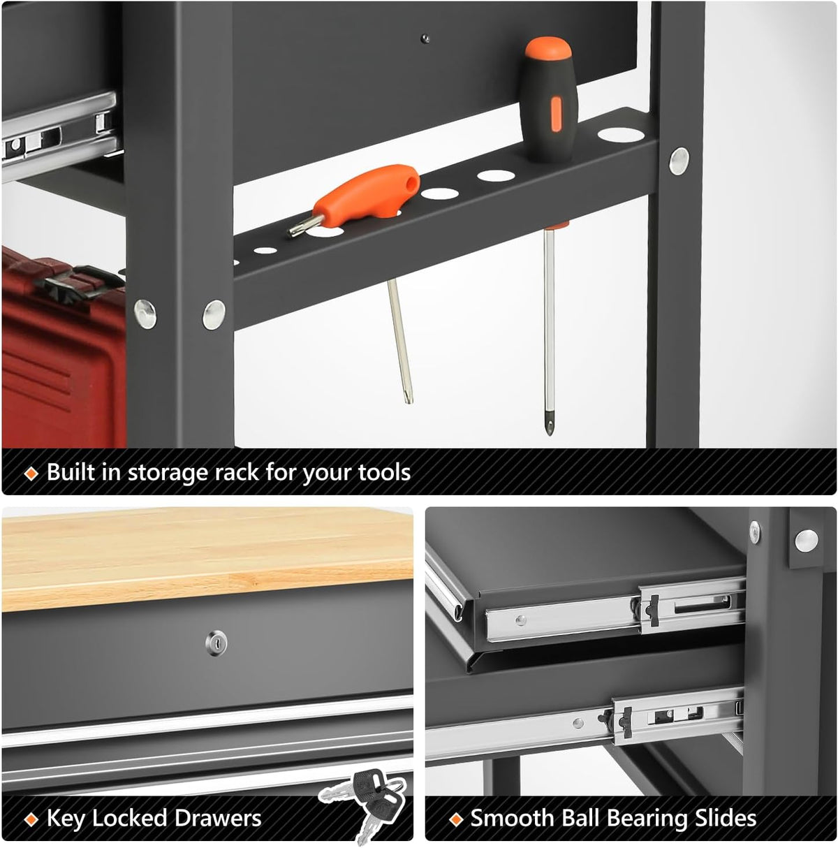 Black 3-Drawer Wood Top Rolling Tool Chest W110