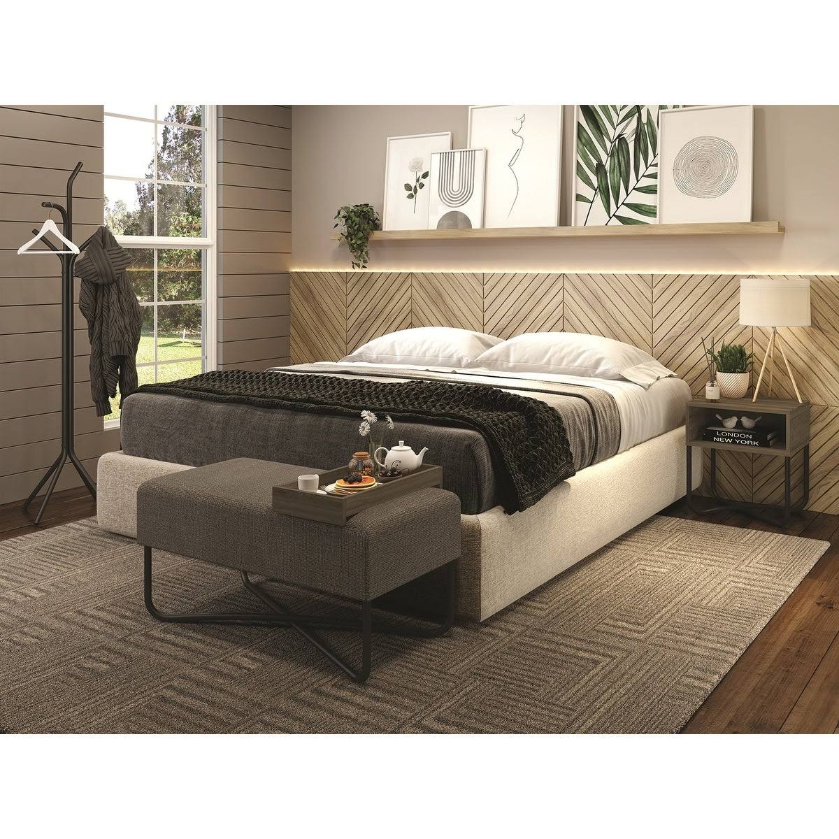 Dark Brown Fabric Bench with Black Base and Dark Oak Tray I706