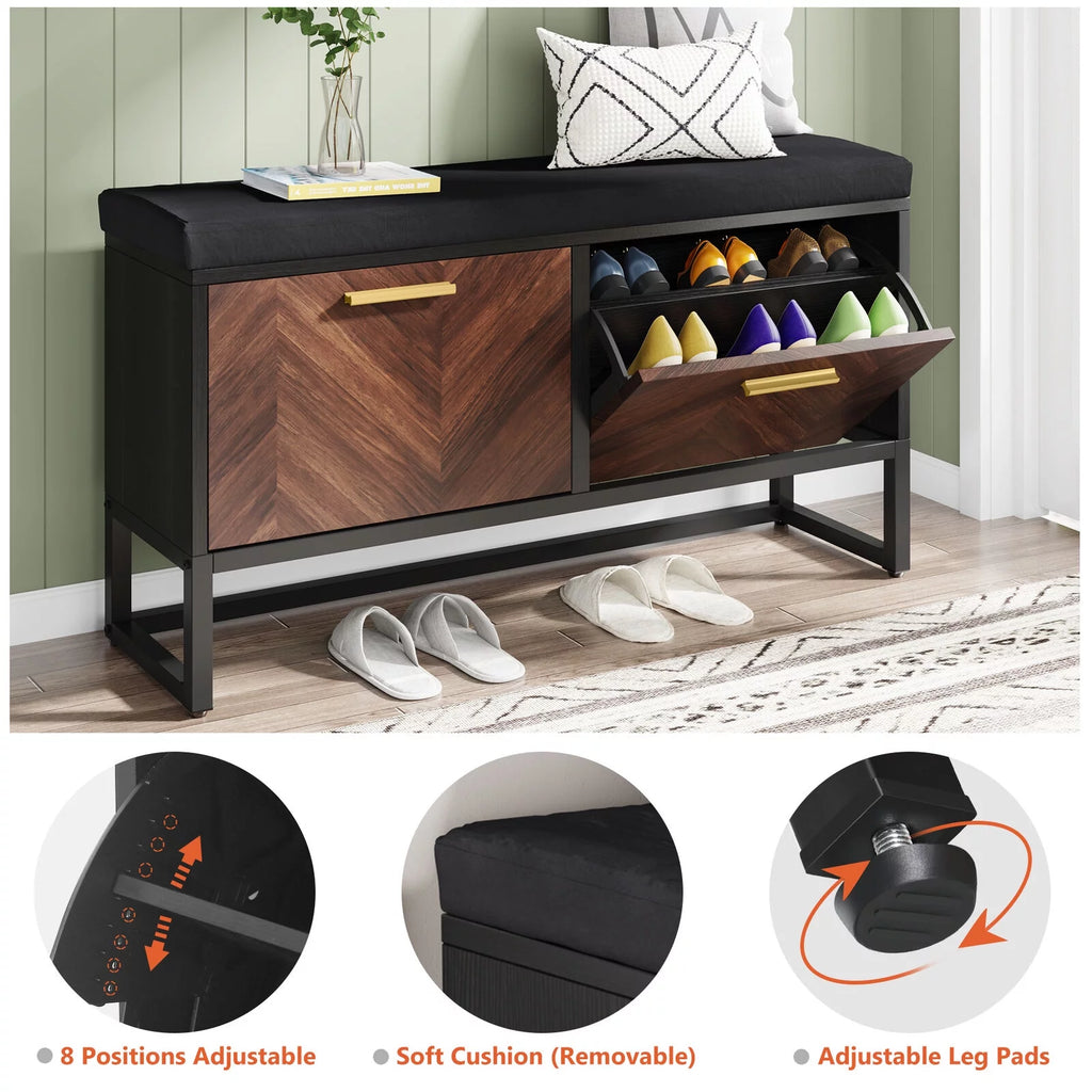Shoe Storage Bench with Cushion & 2 Flip Drawers S526653