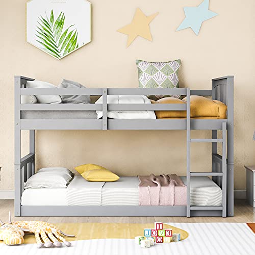 White Twin Over Twin Low Wooden Bunk Bed with Ladder D337297