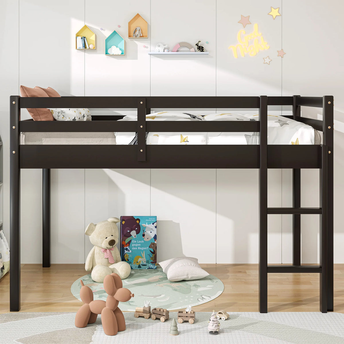 White Twin Size Solid Wood Loft Bed with 14 Wooden Slats S76684