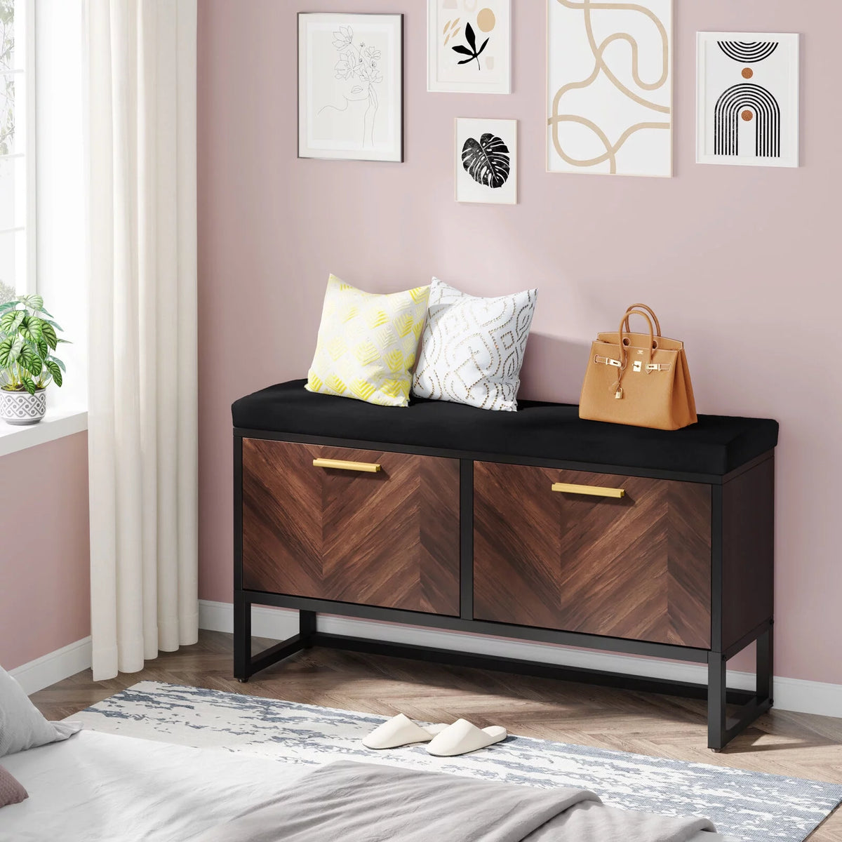 Shoe Storage Bench with Cushion & 2 Flip Drawers S526653