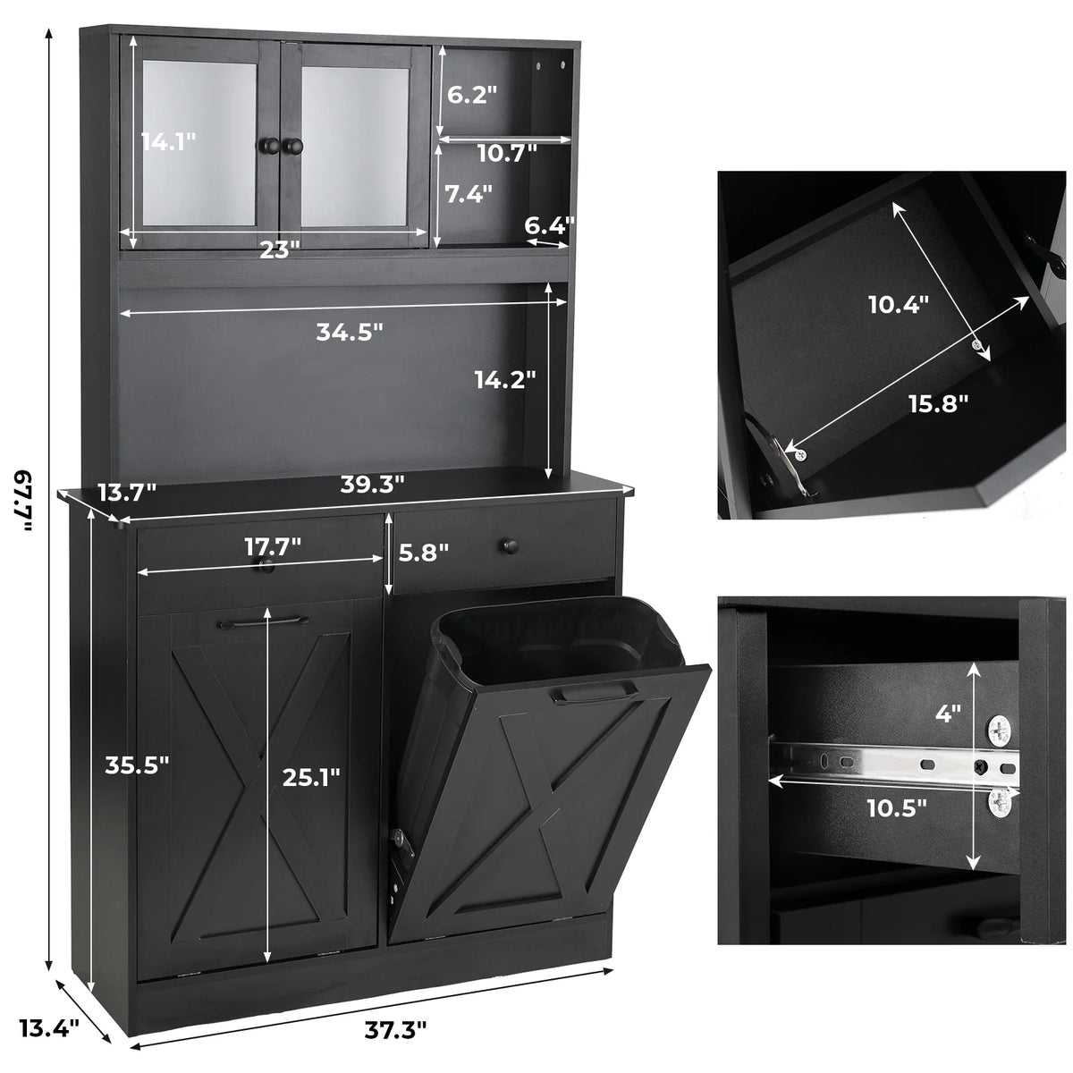 Wooden Double Tilt Out Trash Cabinet with Drawers, Shelves S48174
