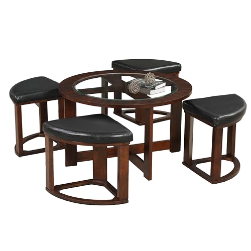 Solid Wood Glass Top Round Coffee Table with 4 Stools L8387