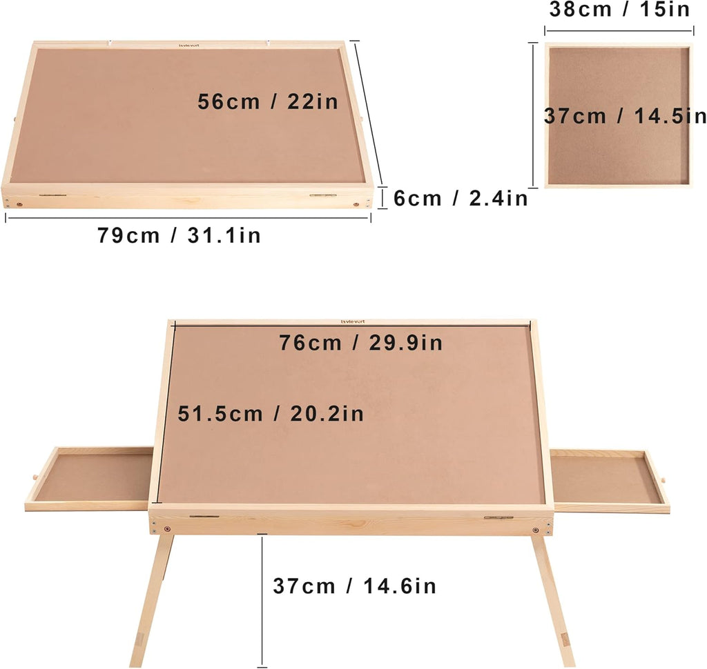 Tilting Puzzle Table with 2 Drawers, Adjustable Jigsaw Puzzle Board, Portable Wooden Puzzle Plateau with Folding Legs & Non-Slip Tabletop B44606