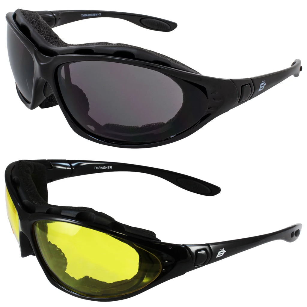 2 Pairs Padded Motorcycle Glasses Convertible to Goggles Shatterproof UV400 Black T15032