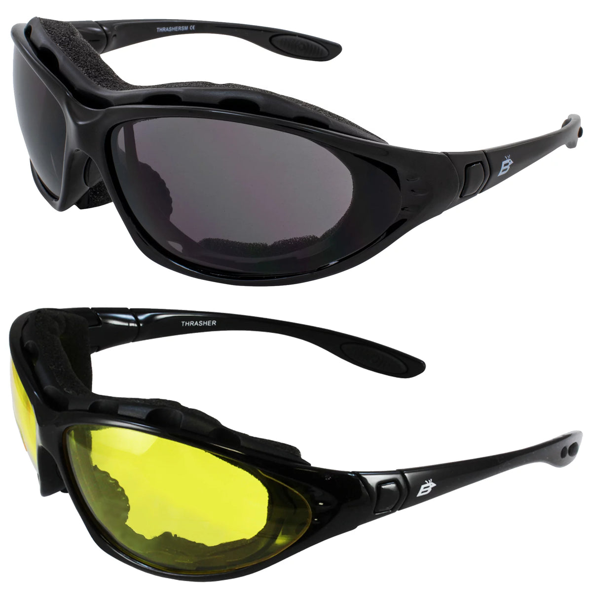 2 Pairs Padded Motorcycle Glasses Convertible to Goggles Shatterproof UV400 Black T15032