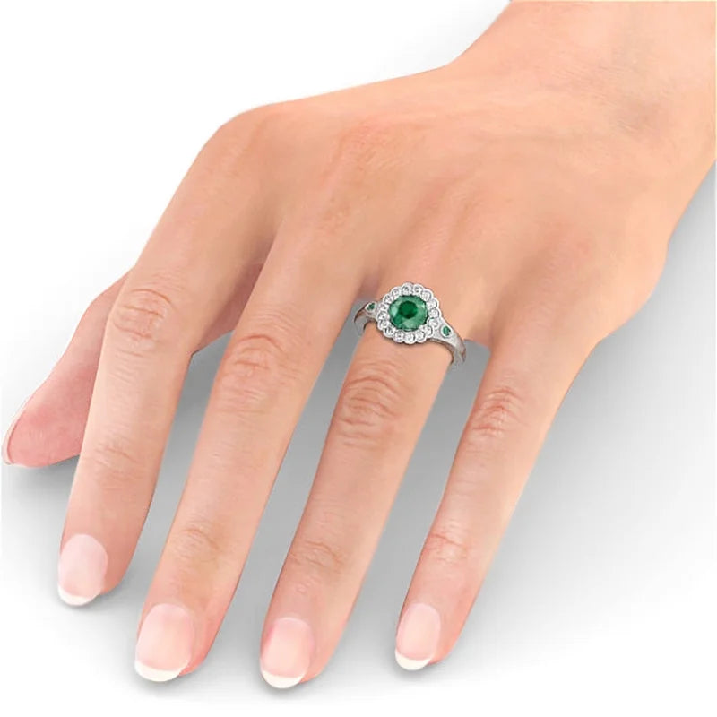 14K White Gold Floral Halo Round Cut Emerald Real Diamond Ring Size 7.5 R3243